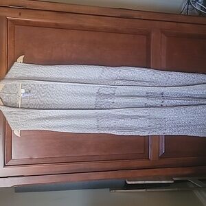 Alya Elegant Crochet Oatmeal Boho Maxi Duster Sweater Vest Coastal Cowgirl SZ L